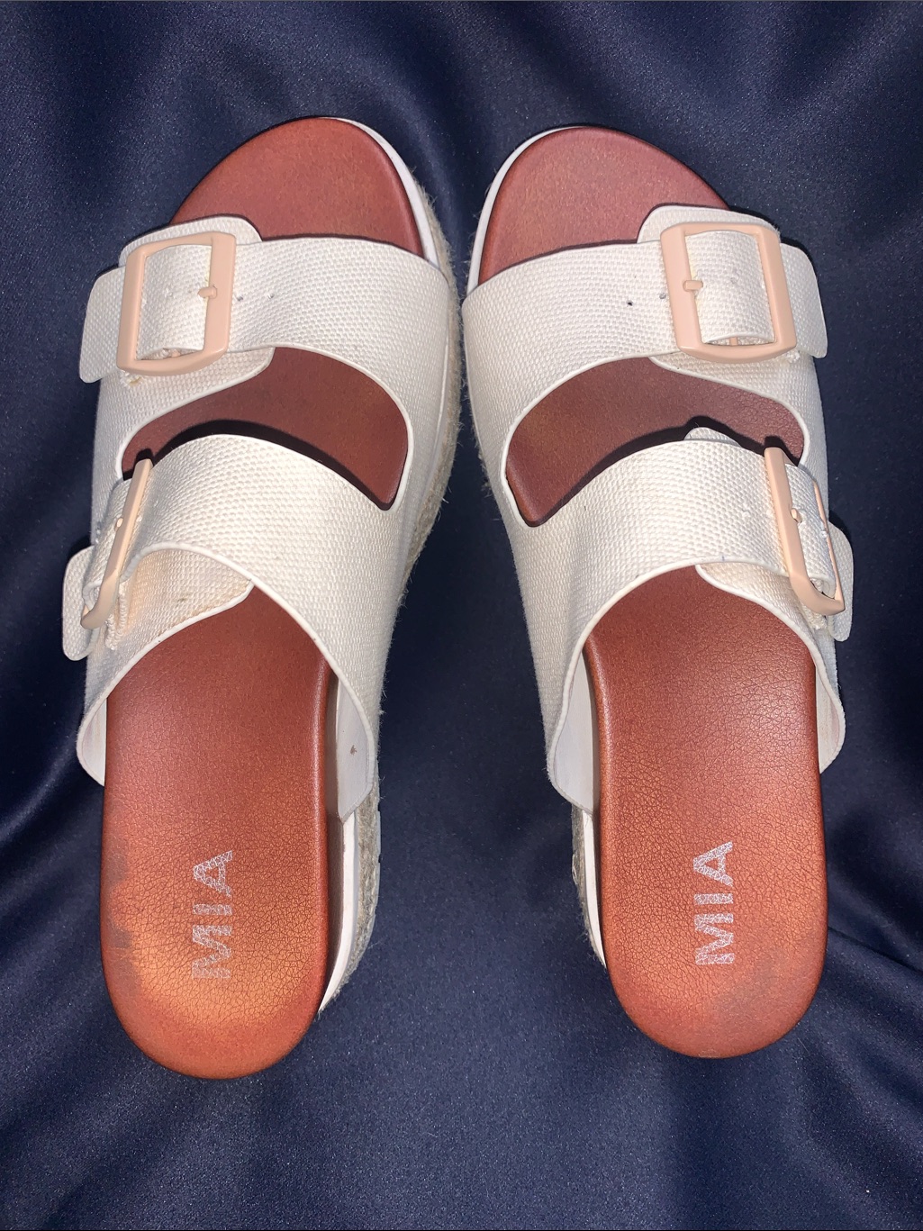 Mia Cream Double-Buckle Slide Sandals With Tan Footbed